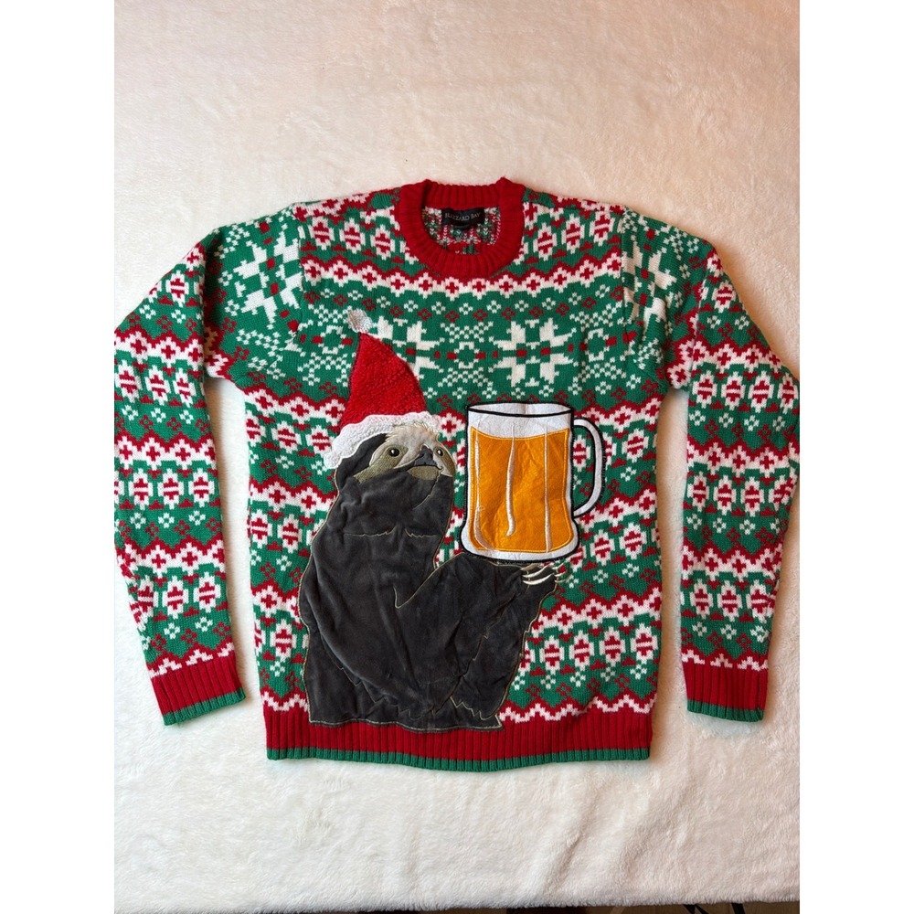 Blizzard Bay Mens Medium Sloth Beer Ugly Christmas Sweater Fair Isle Red Green